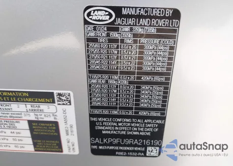 2024 Land Rover Range Rover P400 Se z USA, uszkodzony, nr VIN SALKP9FU9RA216190